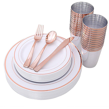 150 Pieces Rose Gold Cups & Plastic Plates & Disposable Silverware（IOOOOO)