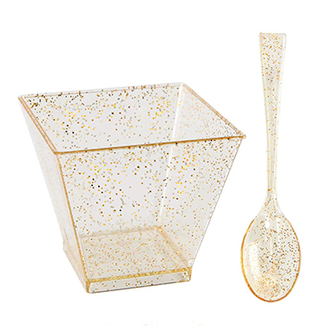 200 Pieces PLastic Dessert Cups with Mini Spoons Gold Glitter(IOOOOO)