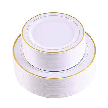 102 Pieces Gold Plastic Plates, White Party Plates, Premium Heavyweight Disposable Wedding Plates（IOOOOO)