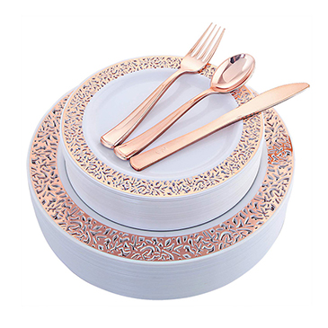 100 Piece Rose Gold Plates with Plastic Silverware(IOOOOO) 