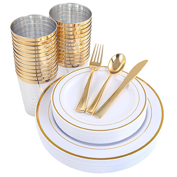 150 Pieces Gold Cups & Plastic Plates & Disposable Silverware(IOOOOO)