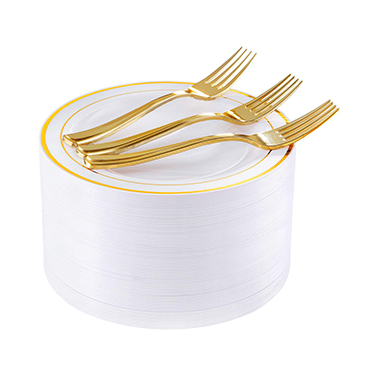 72 Pieces Gold Dessert Plates 7.5 with 72 Pieces Gold Plastic Forks 7.4(IOOOOO) 