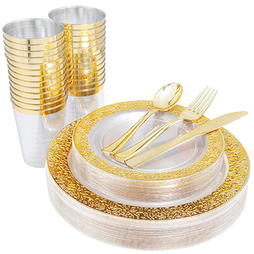 150 Pieces Gold Plastic Plates & Disposable Silverware & Gold Cups, Lace Design Dinnerware（IOOOOO) 