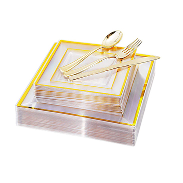 IOOOOO 120 Pieces Gold Plastic Square Plates with Disposable Silverwar(IOOOOO)