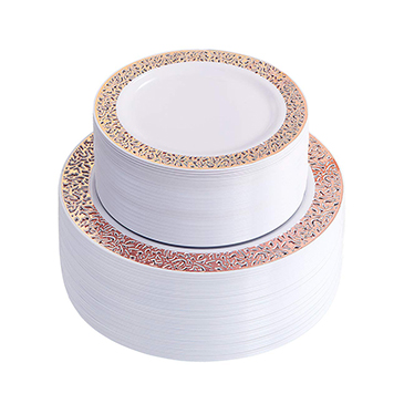 120 Pieces Rose Gold Plastic Plates, White Disposable Plates with Lace Design（IOOOOO)