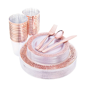 150 Pcs Rose Gold Plastic Plates & Silverware & Disposable Cups, Laced Design （IOOOOO)