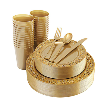 150 Pieces Gold Plastic Plates, Silverware and Gold Disposable Cups, Lace Design Plates （IOOOOO)