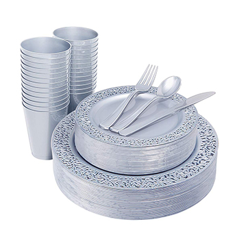 150 Pieces Silver Plastic Plates with Disposable Silverware & Silver Cups, Lace Design（IOOOOO)