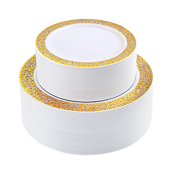 120 Pieces Gold Plastic Plates, Lace Design Disposable Plates（IOOOOO)