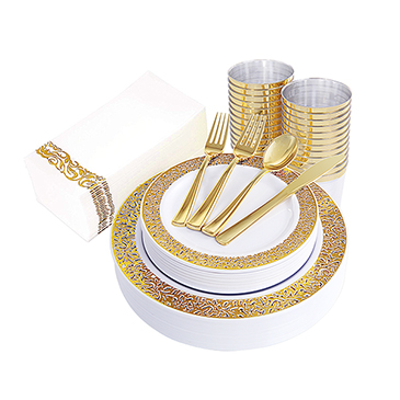 160pcs Gold Plastic Plates, Gold Disposable Silverware with Hand Napkins