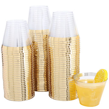 200pcs Gold Rimmed Plastic Cups,9 OZ Clear Disposable Tumblers , Old Fashioned Tumblers Perfect for Weddings, Valentine's Day, Parties