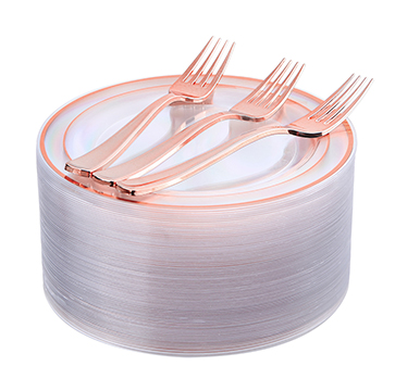 I00000 Rose Gold Plates 72 Pieces & Plastic Forks 72 Pieces, Small Cake Plates 7.5 inch, Premium Plastic Dessert Plates and Disposable Appetizer Plates Great for Party and Wedding