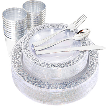 I00000 Silver Plastic Plates & Silverware & Cups, 150 PCS Clear Lace Design Dinnerware Set Includes 25 Dinner Plates, 25 Dessert Plates, 25 Tumblers, 25 Forks, 25 Knives, 25 Spoons