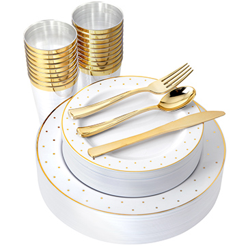 I00000 150 PCS Gold Plastic Plates & Disposable Silverware & Gold Cups, Gold Dot Rim Disposable Dinnerware Includes: 25 Dinner Plates, 25 Dessert Plates, 25 Tumblers, 25 Forks, 25 Knives, 25 Spoons