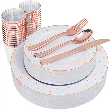 I00000 150PCS Rose Gold Plastic Plates, Cups with Disposable Silverware, Elegant Dot Design, Includes: 25 Dinner Plates 10.25”, 25 Dessert Plates 7.5”, 25 Tumblers 10 oz, 25 Knives, 25 Forks, 25 Spoon
