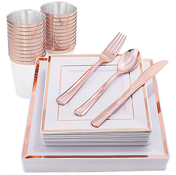 I00000 150PCS Rose Gold Plastic Plates with Silverware and Cups, Disposable Plastic Square Dinnerware Set Include: 25 Dinner Plates, 25 Dessert Plates, 25 Forks, 25 Knives, 25 Spoons, 25 Tumblers