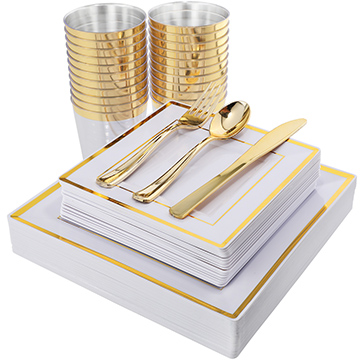 I00000 150PCS Gold Square Plates, Gold Plastic Silverware with Disposable Cups Includes 25 Dinner Plates, 25 Dessert Plates, 25 Forks, 25 Knives, 25 Spoons, 25 Tumblers