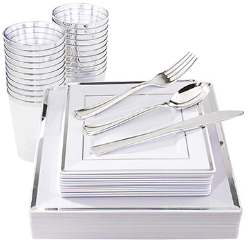 I00000 150 Pieces Silver Square Plates & Disposable Silverware & Plastic Cups, Silver Plastic Dinnerware Include: 25 Dinner Plates, 25 Dessert Plates, 25 Forks, 25 Knives, 25 Spoons, 25 Tumblers
