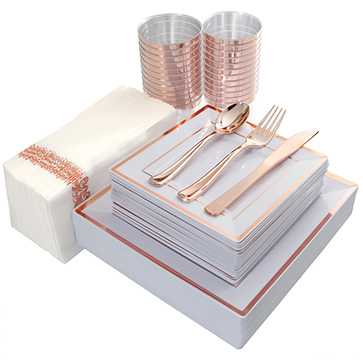 I00000 175PCS Plastic Square Plates, Napkins, Rose Gold Disposable Silverware & Cups, 25 Guest Set: 25 Dinner Plates, 25 Salad Plates, 25 Forks, 25 Knives, 25 Spoons, 25 Tumblers 10oz, 25 Guest Towels