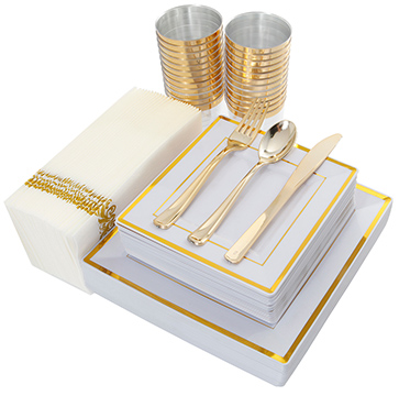 I00000 175PCS Plastic Square Plates, Napkins, Gold Disposable Silverware & Cups, 25 Guests Set: 25 Dinner Plates, 25 Salad Plates, 25 Forks, 25 Knives, 25 Spoons, 25 Tumblers, 25 Guest Towels