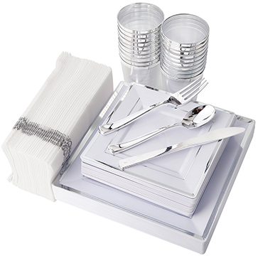 IOOOOO 175PCS Silver Plastic Plates, Disposable Silverware, Napkins & Cups, Square Dinnerware Include 25 Dinner Plates, 25 Salad Plates, 25 Forks, 25 Knives, 25 Spoons, 25 Tumblers, 25 Guest Towels