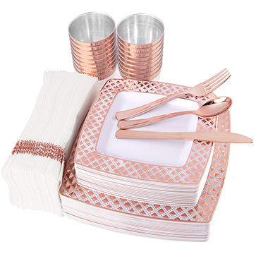 I00000 175PCS Rose Gold Plastic Square Plates with Disposable Silverware & Cups & Napkins, Diamond Tableware include 25 Dinner Plates, 25 Salad Plates, 25 Cutlery, 25 Tumblers, 25 Guest Towels
