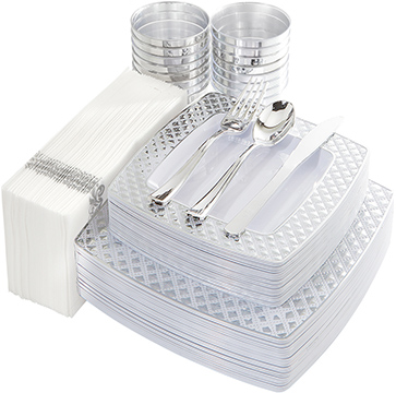 I00000 175PCS Silver Plastic Square Plates with Disposable Silverware & Cups & Napkins, Silver Diamond Tableware 25 Dinner Plates, 25 Salad Plates, 25 Forks, Knives and Spoons, 25 Tumblers, 25 Towels