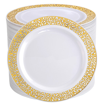 I00000 102 Pieces Gold Lunch Plates, 9” Plastic Disposable Plates with Lace Design, Plastic Gold and White Plates