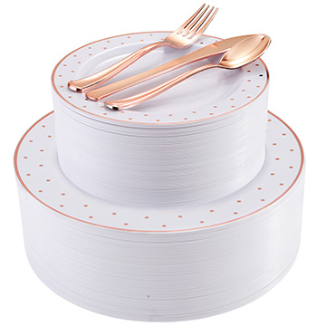I00000 200PCS Rose Gold Plastic Plates with Disposable Silverware Set, Rose Gold Dot Plates include 40 Dinner Plates 10.25”, 40 Salad Plates 7.5”, 40 Forks, 40 Knives and 40 Spoons