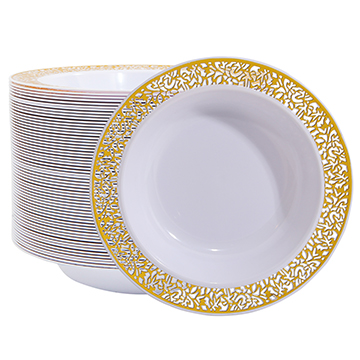 I00000 60 Disposable Gold Plastic Dessert Bowls, 12 oz Soup Bowls, Gold Lace Trim China Look, Premium Heavy Duty Plastic Plates for Wedding/Party