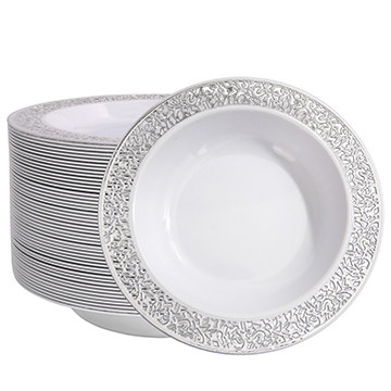 I00000 60 Plastic Soup Bowls 12 oz, Silver Disposable Bowls, Lace Trim Dessert Salad Bowls for Wedding/Party
