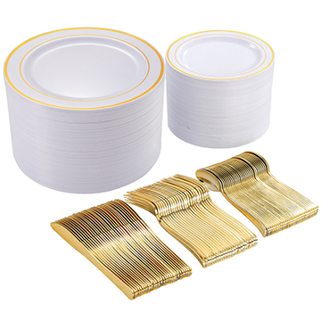 I00000 60 Guest Gold Plastic Plates with Disposable Silverware, White&Gold Plastic Dinnerware Set for Party include: 60 Dinner Plates 10.25