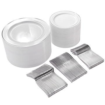 I00000 300 Pieces Silver Plastic Plates with Disposable Silverware, Fancy Tableware Sets include 60 Dinner Plates 10.25