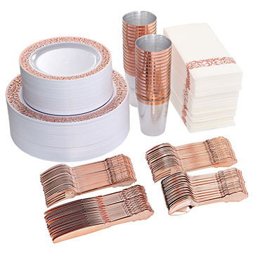 I00000 350 Pieces Set Includes: 100 Rose Gold Plastic Plates,150 Rose Gold Silverware-50 Forks, Knives and Spoons Each, 50 Disposable Cups and Napkins Each