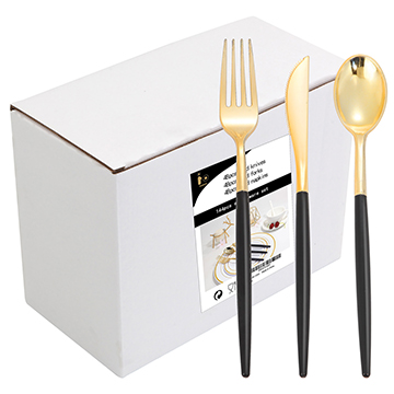 I00000 144 PCS Gold Plastic Silverware, Disposable Flatware with Black Handle, Gold Plastic Cutlery Includes: 48 Forks, 48 Knives and 48 Spoons