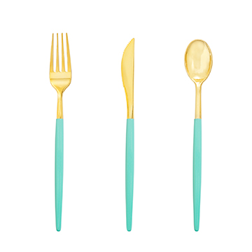 I00000 144PCS Gold Plastic Silverware, Gold Disposable Cutlery with Mint Green Handle, Gold Plastic Flatware Includes: 48 Forks, 48 Knives and 48 Spoons