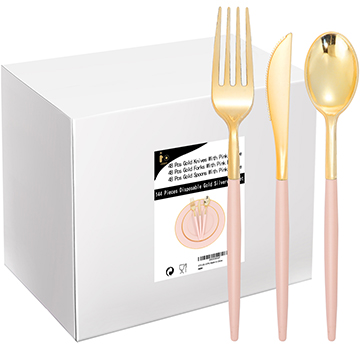 I00000 144 PCS Gold Plastic Silverware, Disposable Flatware with Pink Handle, Gold Plastic Cutlery Includes: 48 Forks, 48 Knives and 48 Spoons