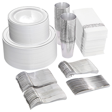 I00000 100 Guest Silver Dinnerware Set-200 Silver Plastic Plates-300 Silver Plastic Silverware Set-100 Silver Rimmed Cups-100 Paper Napkins