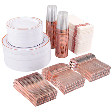 I00000 700PCS Rose Gold Dinnerware Set-200 Rose Gold Plastic Plates, 300 Rose Gold Disposable Silverware, 100 Disposable Cups 10 oz, 100 Linen Like Napkins Each