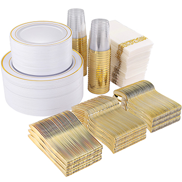 I00000 700 Piece Gold Dinnerware Set-200 Gold Plastic Plates-300 Gold Disposable Silverware Set-100 Cups-100 Linen Like Napkins, Gold Plastic Dinnerware for Party or Wedding