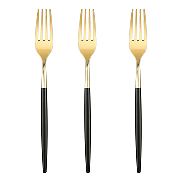 I00000 144 Gold Plastic Forks, Disposable Gold Flatware with Black Handle, Look Like Gold Cutlery for Party, Wedding and Catering Events