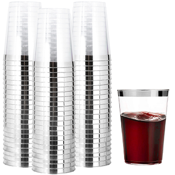 I00000 200pcs Silver Rimmed Plastic Cups, 10 OZ Clear Disposable Tumblers Perfect for Birthday, Valentine's Day, Parties