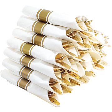 I00000 30 Guest Pre Rolled Napkins with Gold Plastic Silverware, Premium Disposable Cutlery Set Includes: 30 Forks, 30 Knives, 30 Spoons, 30 Linen Like Napkins