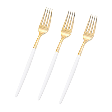 I00000 144 Gold Plastic Forks, Disposable Gold Flatware with White Handle, Look Like Gold Cutlery for Wedding, Party