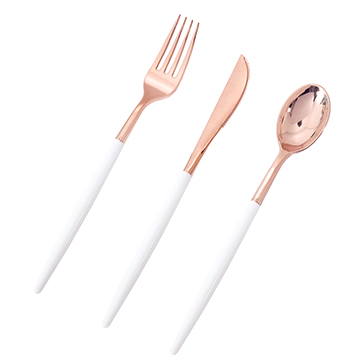 I00000 144 PCS Disposable Rose Gold Plastic Silverware, Flatware with White Handle, Rose Gold Plastic Cutlery Includes: 48 Forks, 48 Knives and 48 Spoons