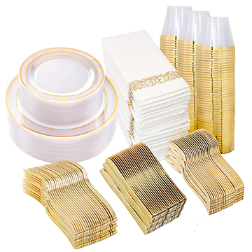 I00000 350 Pieces Gold Dinnerware Set 50 Guests-100 Clear Gold Plastic Plates-150 Gold Plastic Silverware-50 Gold Disposable Cups-50 Linen Like Paper Napkins