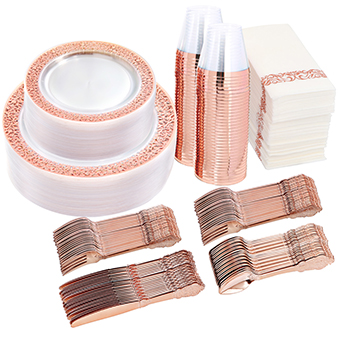 I00000 350 Pieces Rose Gold Dinnerware Set-100 Clear Rose Gold Lace Plastic Plates-150 Rose Gold Plastic Silverware-50 Rose Gold Disposable Cups-50 Linen Like Paper Napkins