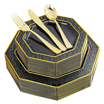 I00000 150 Pieces Clear Black Gold Plastic Plates & Gold Plastic Silverware, Disposable Gold Dinnerware Set Include 30 Dinner Plates 10.25