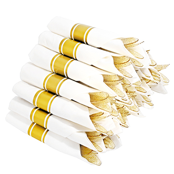 I00000 30 Pack Pre Rolled Napkins with Gold Glitter Plastic Cutlery Set, Premium Disposable Silverware, Includes: 30 Forks, 30 Knives, 30 Spoons, 30 Linen Like Napkins