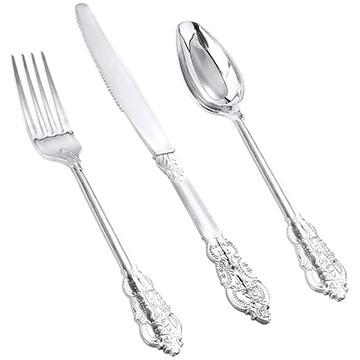 I00000 90 Pieces Silver Plastic Silverware, Heavy Duty Disposable Silverware, Silver Plastic Utensils Includes 30 Forks, 30 Spoons and 30 Knives